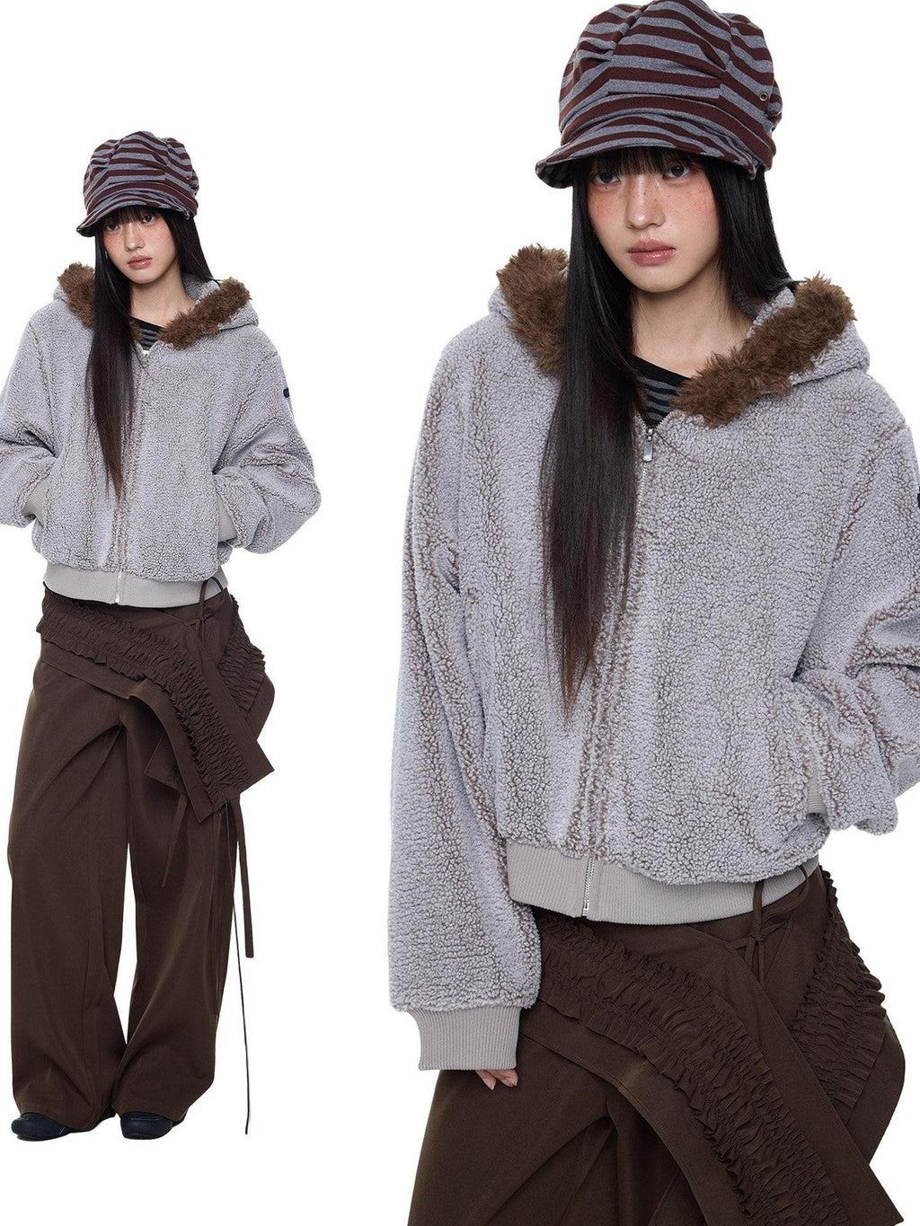 EZEK Sherpa Collar Hooded Ribbed Hem Cropped Loose Women's Polyester Fleece Jackets