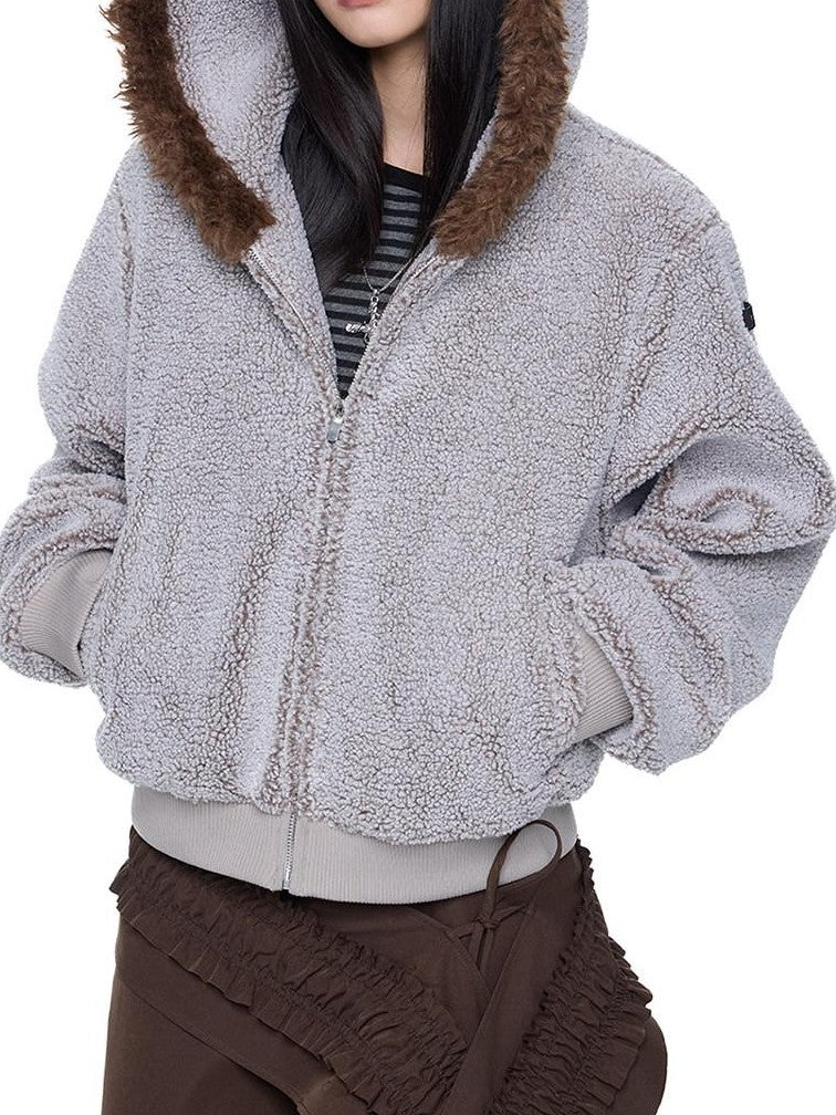 EZEK Sherpa Collar Hooded Ribbed Hem Cropped Loose Women's Polyester Fleece Jackets