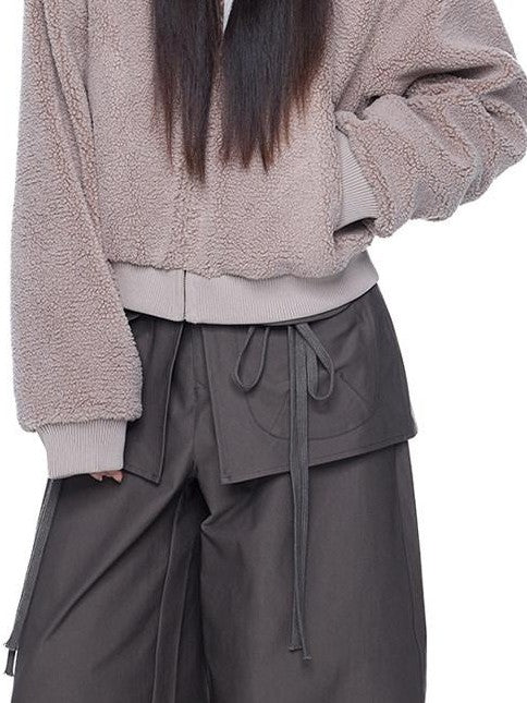 EZEK Sherpa Collar Hooded Ribbed Hem Cropped Loose Women's Polyester Fleece Jackets