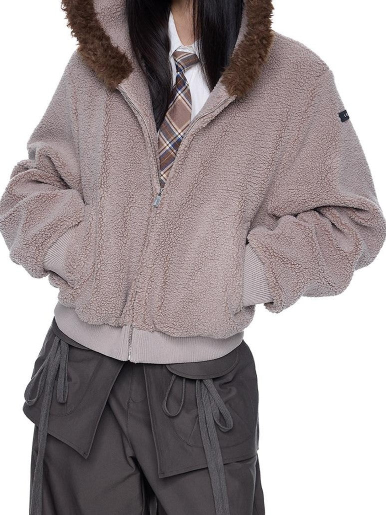 EZEK Sherpa Collar Hooded Ribbed Hem Cropped Loose Women's Polyester Fleece Jackets