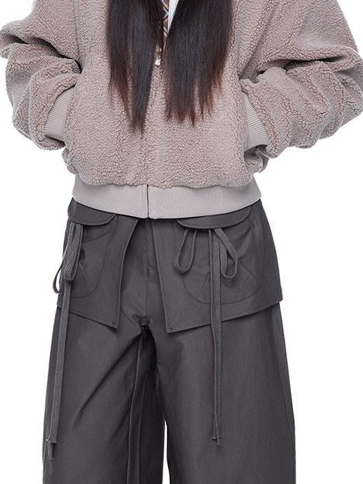 EZEK Sherpa Collar Hooded Ribbed Hem Cropped Loose Women's Polyester Fleece Jackets