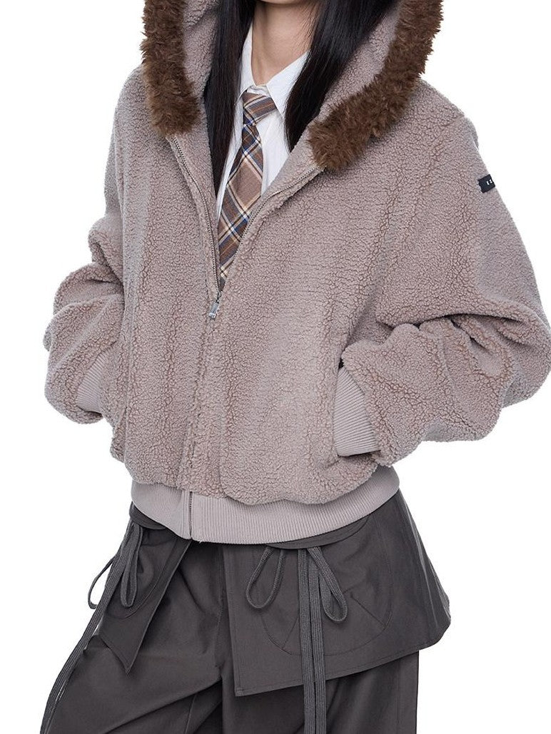 EZEK Sherpa Collar Hooded Ribbed Hem Cropped Loose Women's Polyester Fleece Jackets