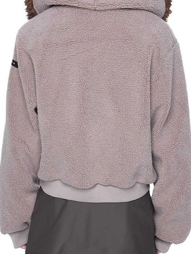 EZEK Sherpa Collar Hooded Ribbed Hem Cropped Loose Women's Polyester Fleece Jackets