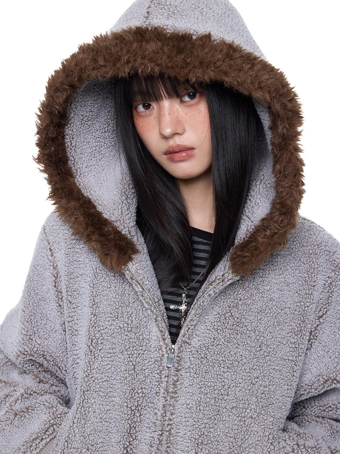 EZEK Sherpa Collar Hooded Ribbed Hem Cropped Loose Women's Polyester Fleece Jackets