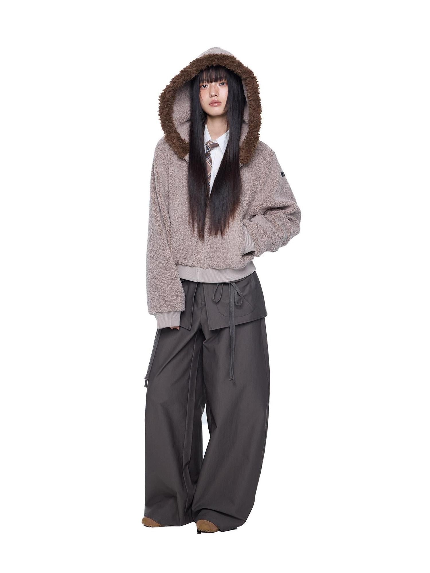 EZEK Sherpa Collar Hooded Ribbed Hem Cropped Loose Women's Polyester Fleece Jackets