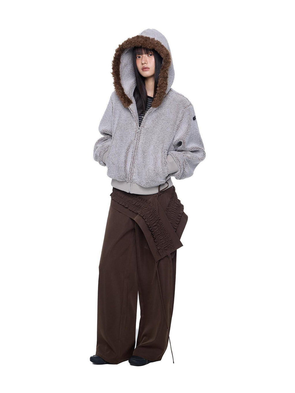 EZEK Sherpa Collar Hooded Ribbed Hem Cropped Loose Women's Polyester Fleece Jackets