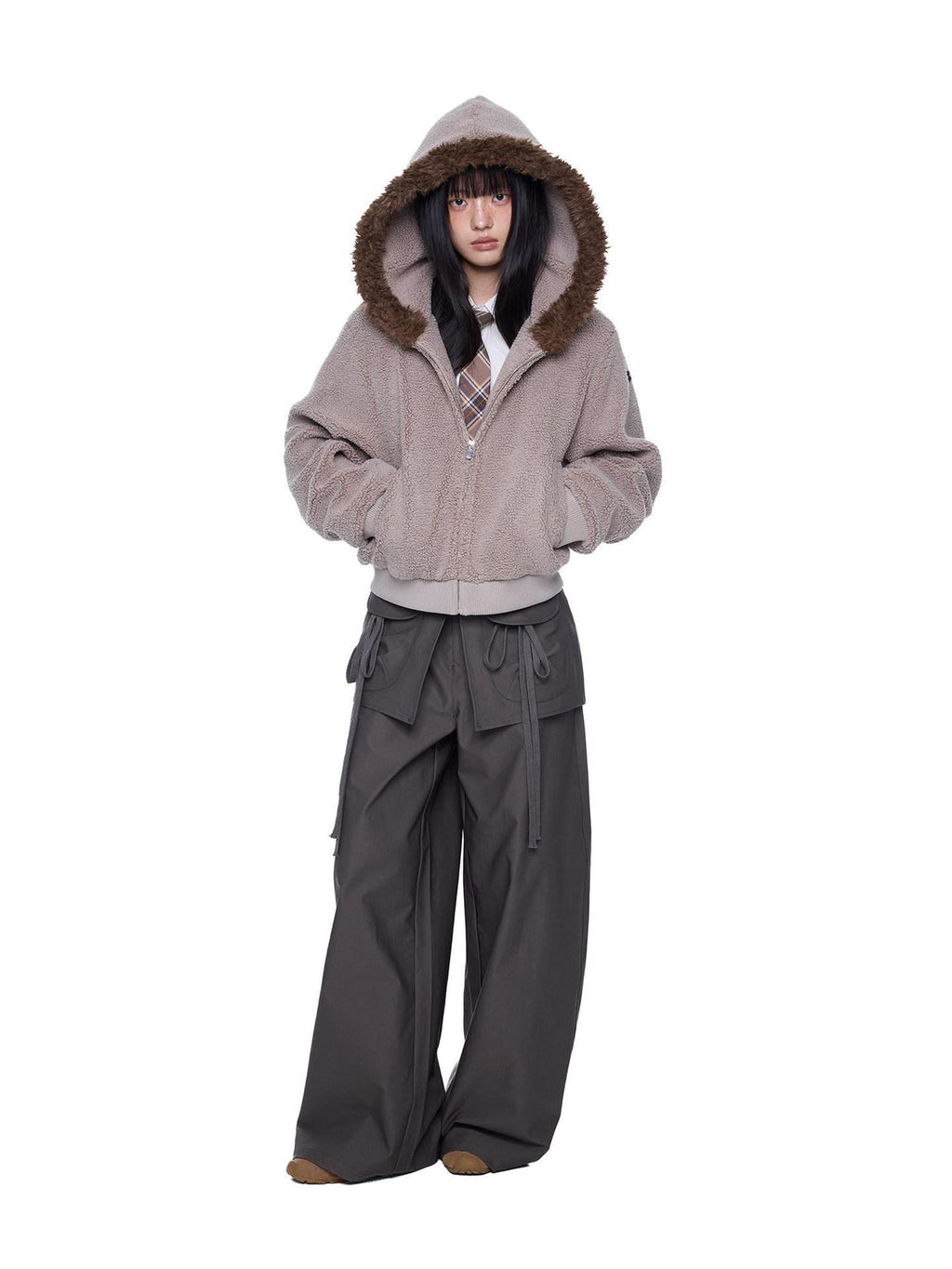EZEK Sherpa Collar Hooded Ribbed Hem Cropped Loose Women's Polyester Fleece Jackets