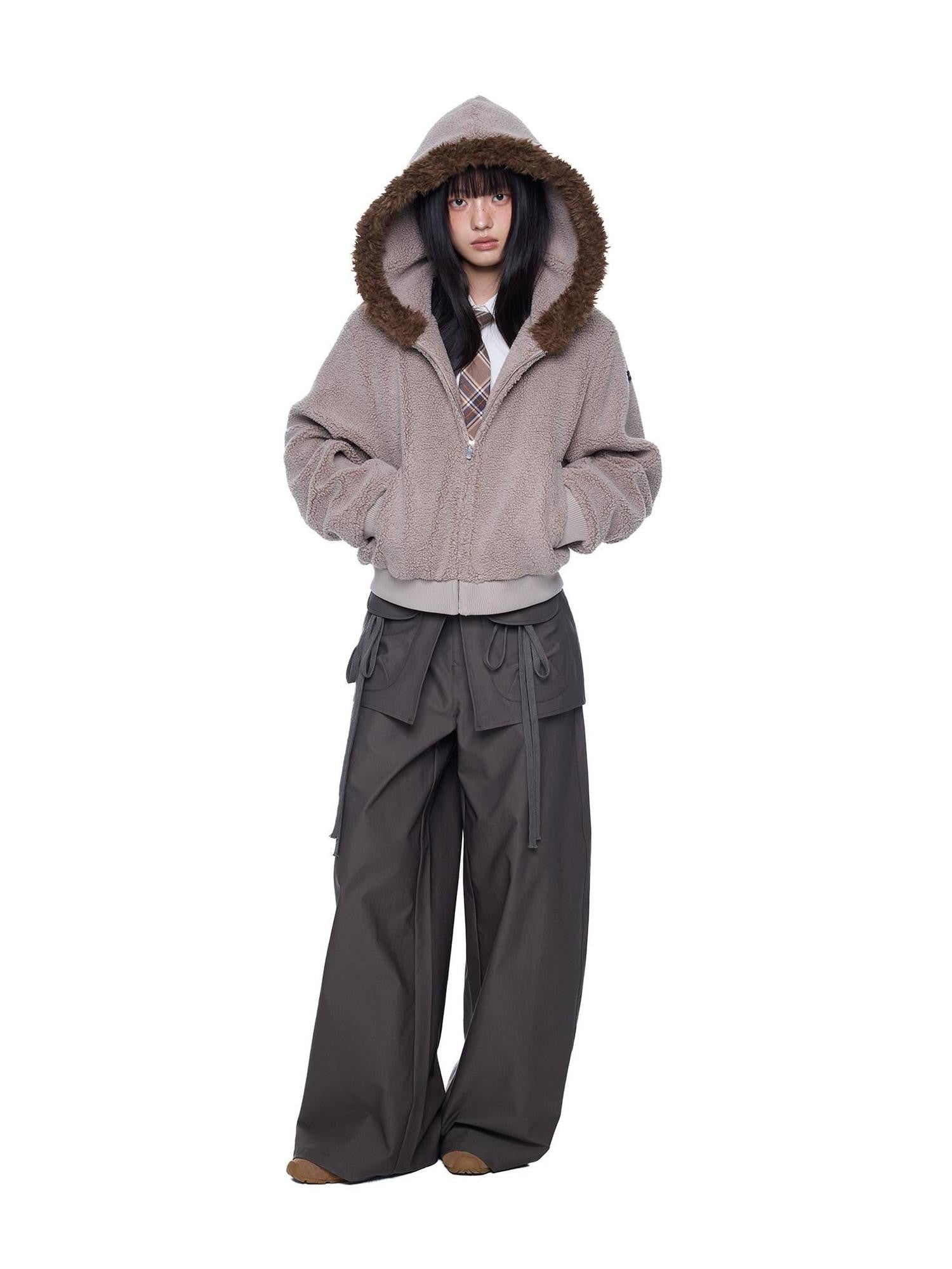 EZEK Sherpa Collar Hooded Ribbed Hem Cropped Loose Women's Polyester Fleece Jackets