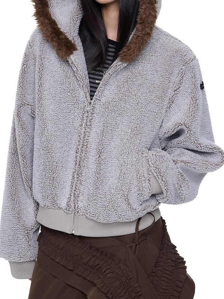 EZEK Sherpa Collar Hooded Ribbed Hem Cropped Loose Women's Polyester Fleece Jackets