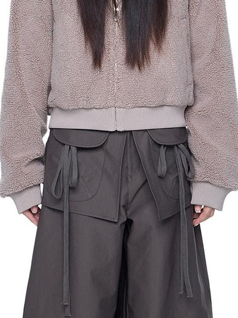 EZEK Sherpa Collar Hooded Ribbed Hem Cropped Loose Women's Polyester Fleece Jackets