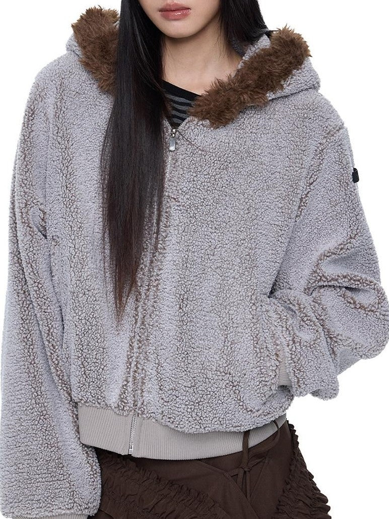 EZEK Sherpa Collar Hooded Ribbed Hem Cropped Loose Women's Polyester Fleece Jackets