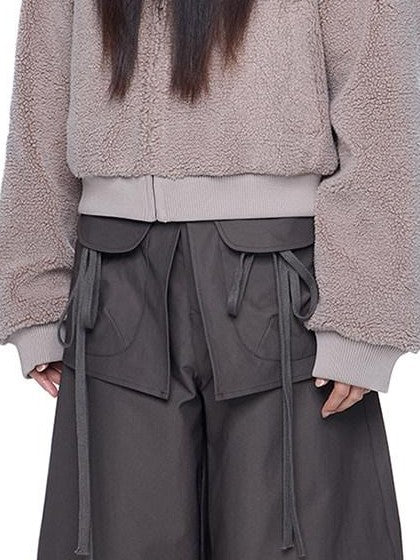 EZEK Sherpa Collar Hooded Ribbed Hem Cropped Loose Women's Polyester Fleece Jackets