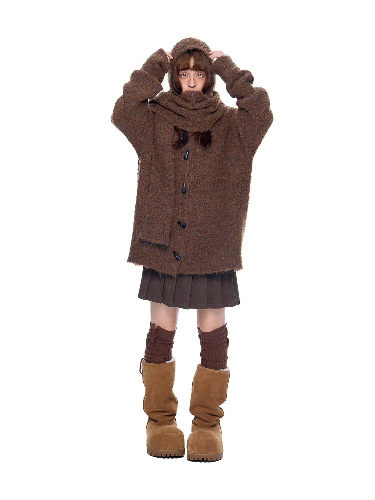EZEK Slouchy Speckled Textured Hooded Toggle Button Women's Knit Cardigans