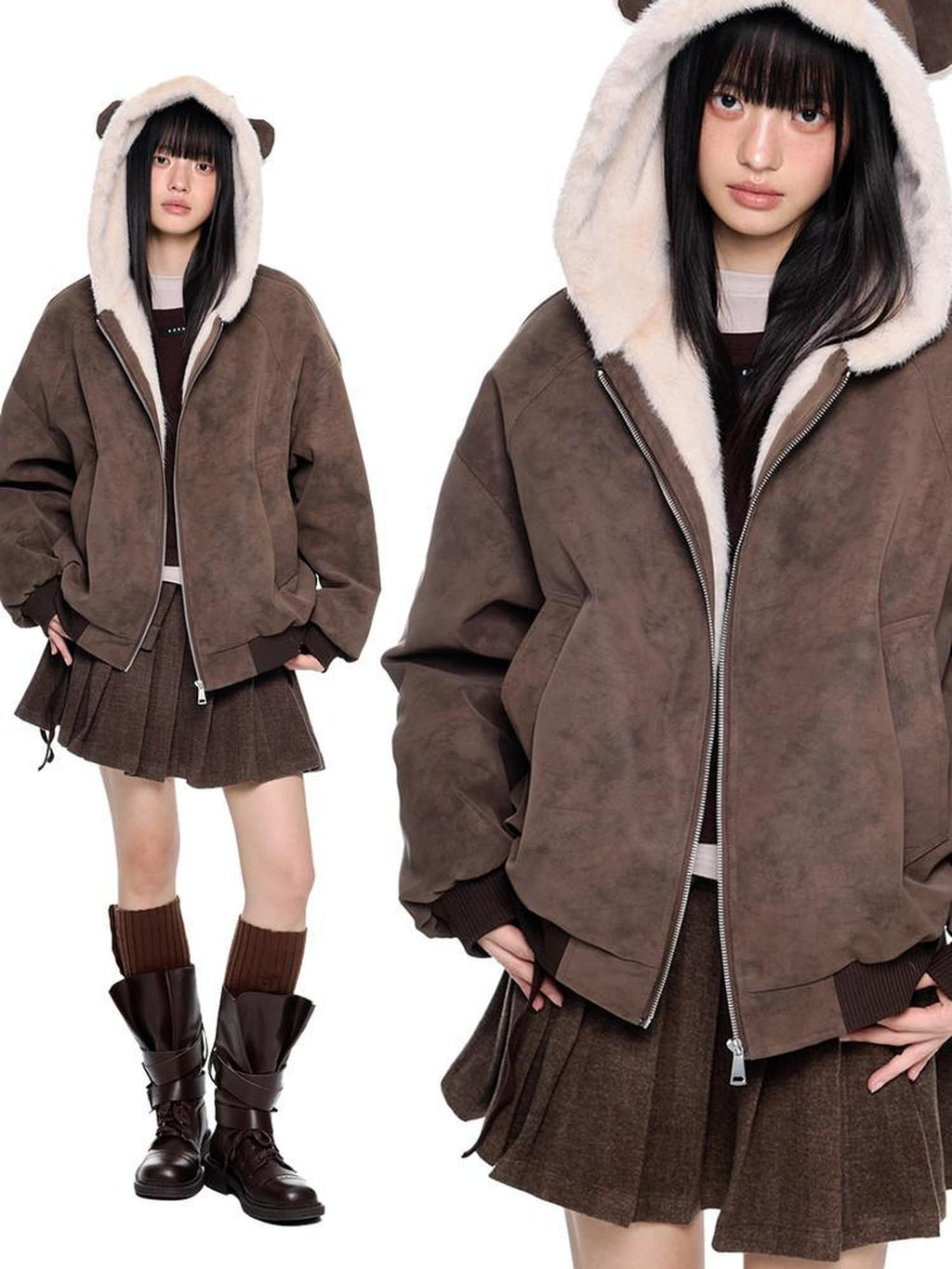 EZEK Small Ear Hooded Zipper Furry Thickened Women's Faux Suede Puffer Jackets