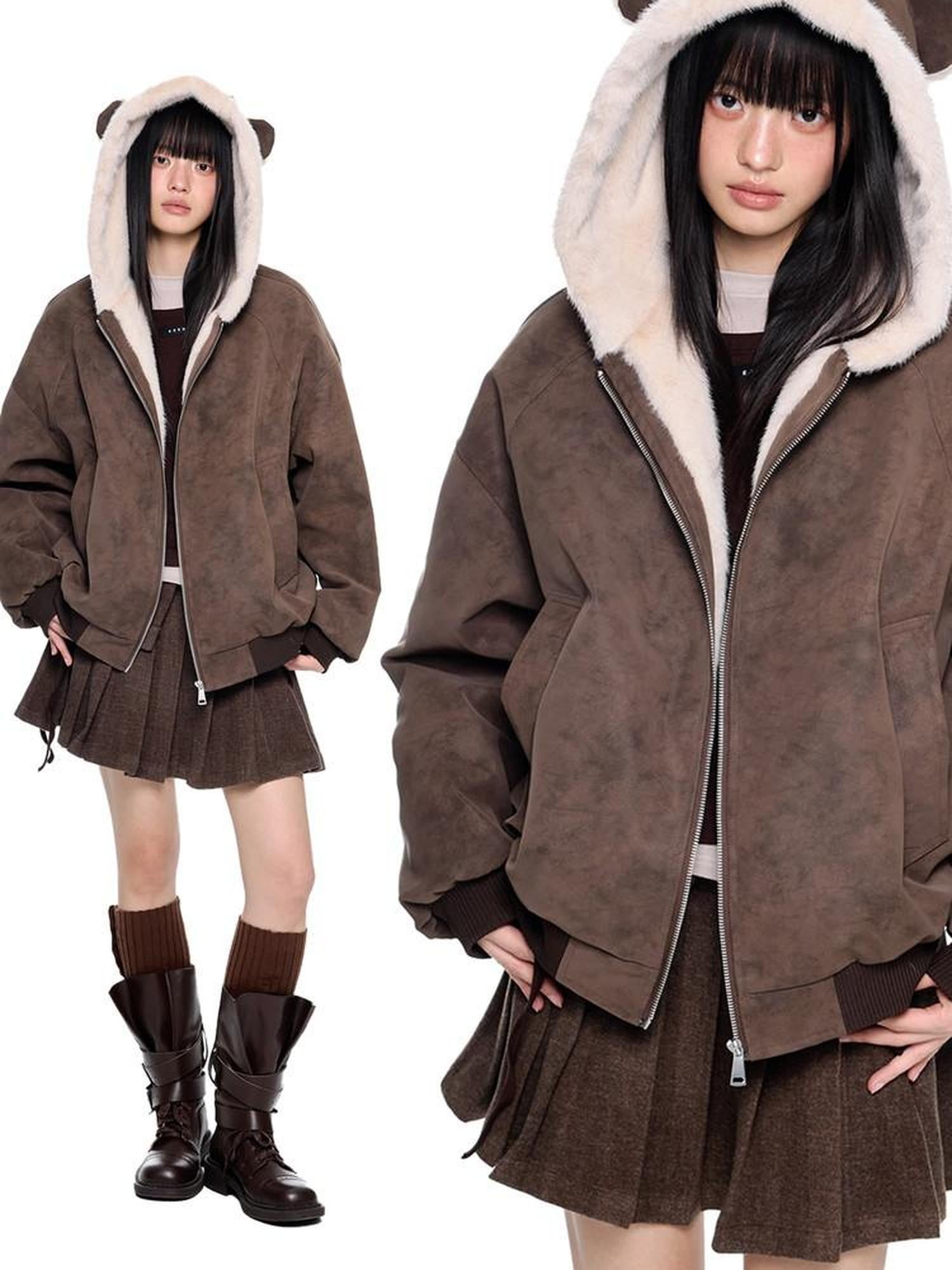 EZEK Small Ear Hooded Zipper Furry Thickened Women's Faux Suede Puffer Jackets