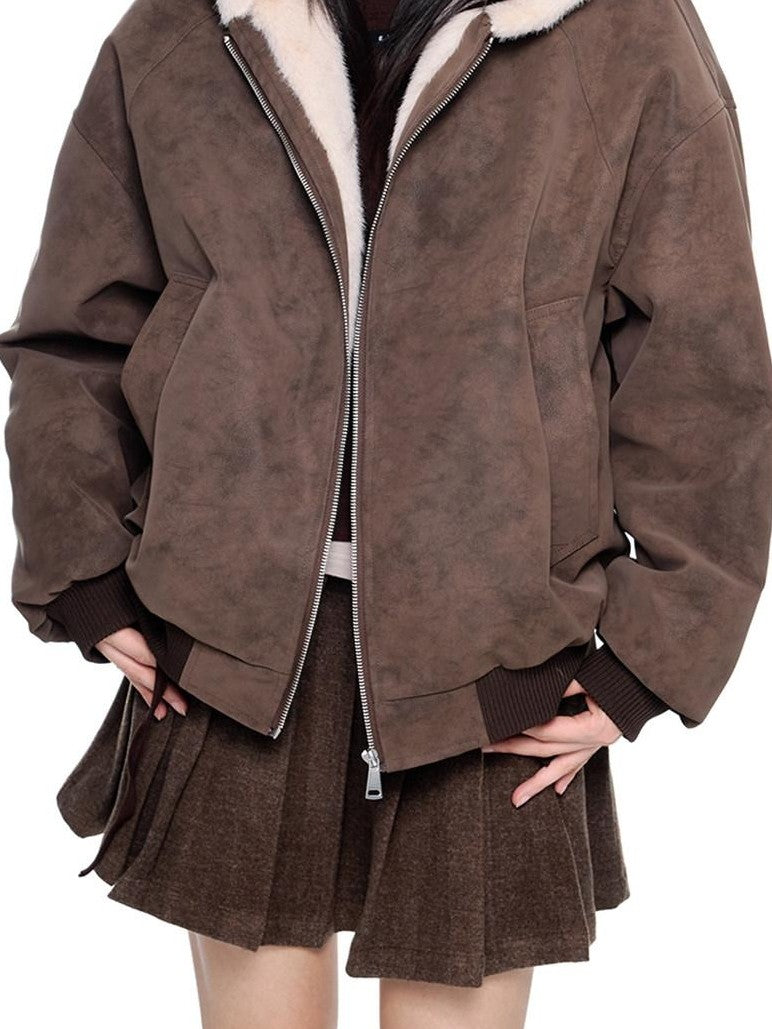EZEK Small Ear Hooded Zipper Furry Thickened Women's Faux Suede Puffer Jackets