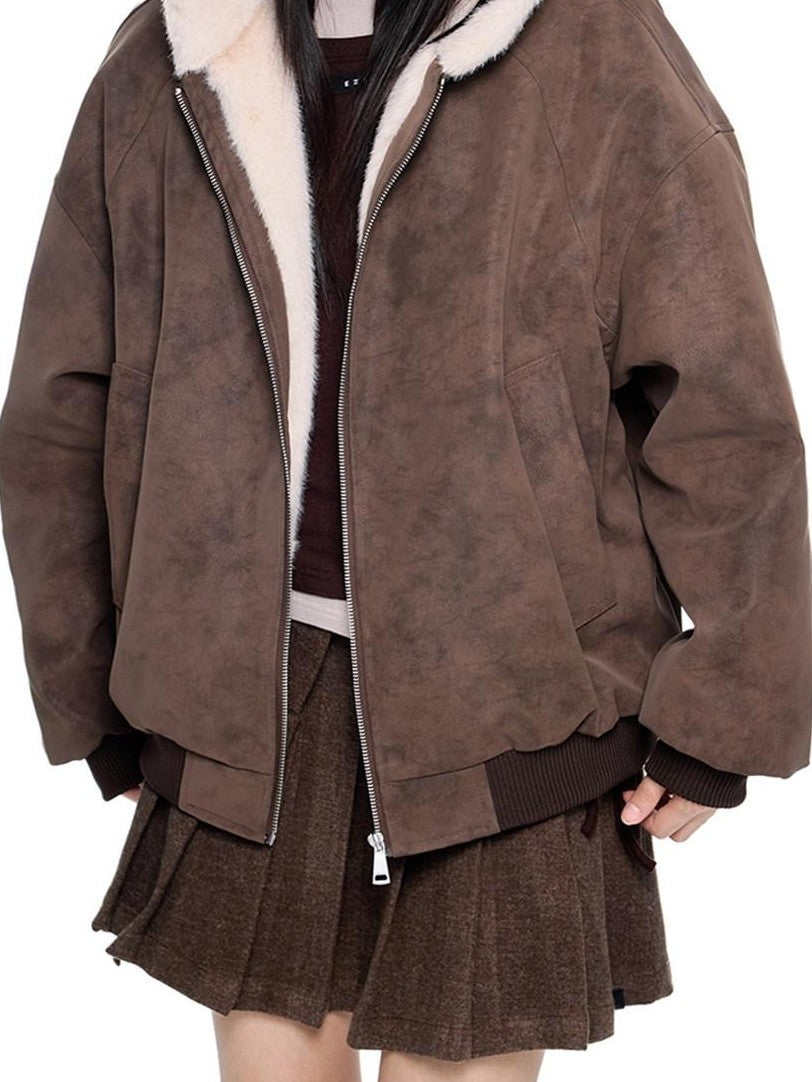 EZEK Small Ear Hooded Zipper Furry Thickened Women's Faux Suede Puffer Jackets