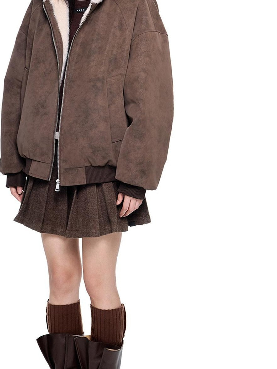 EZEK Small Ear Hooded Zipper Furry Thickened Women's Faux Suede Puffer Jackets