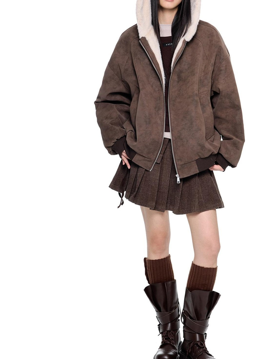 EZEK Small Ear Hooded Zipper Furry Thickened Women's Faux Suede Puffer Jackets