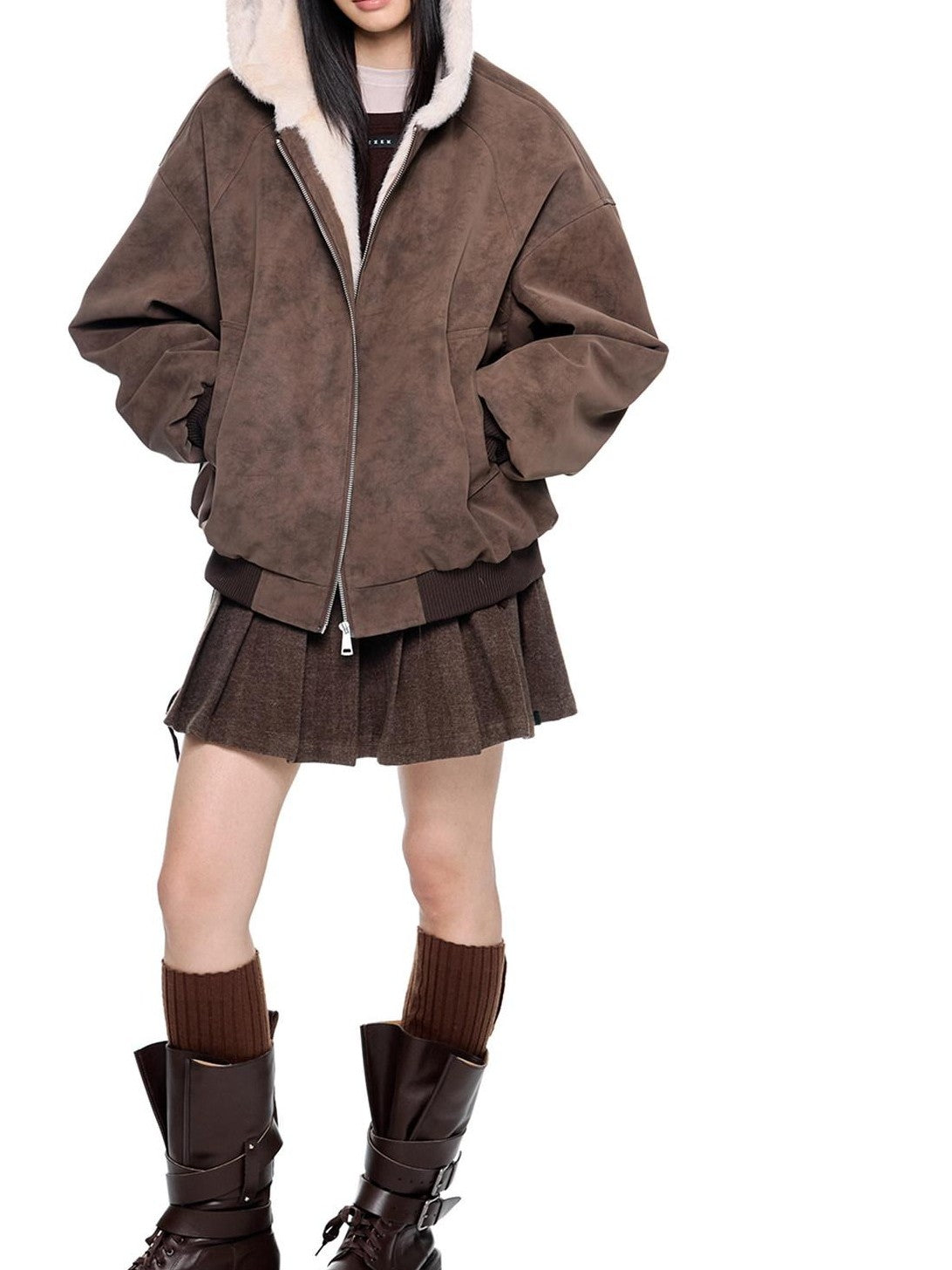 EZEK Small Ear Hooded Zipper Furry Thickened Women's Faux Suede Puffer Jackets