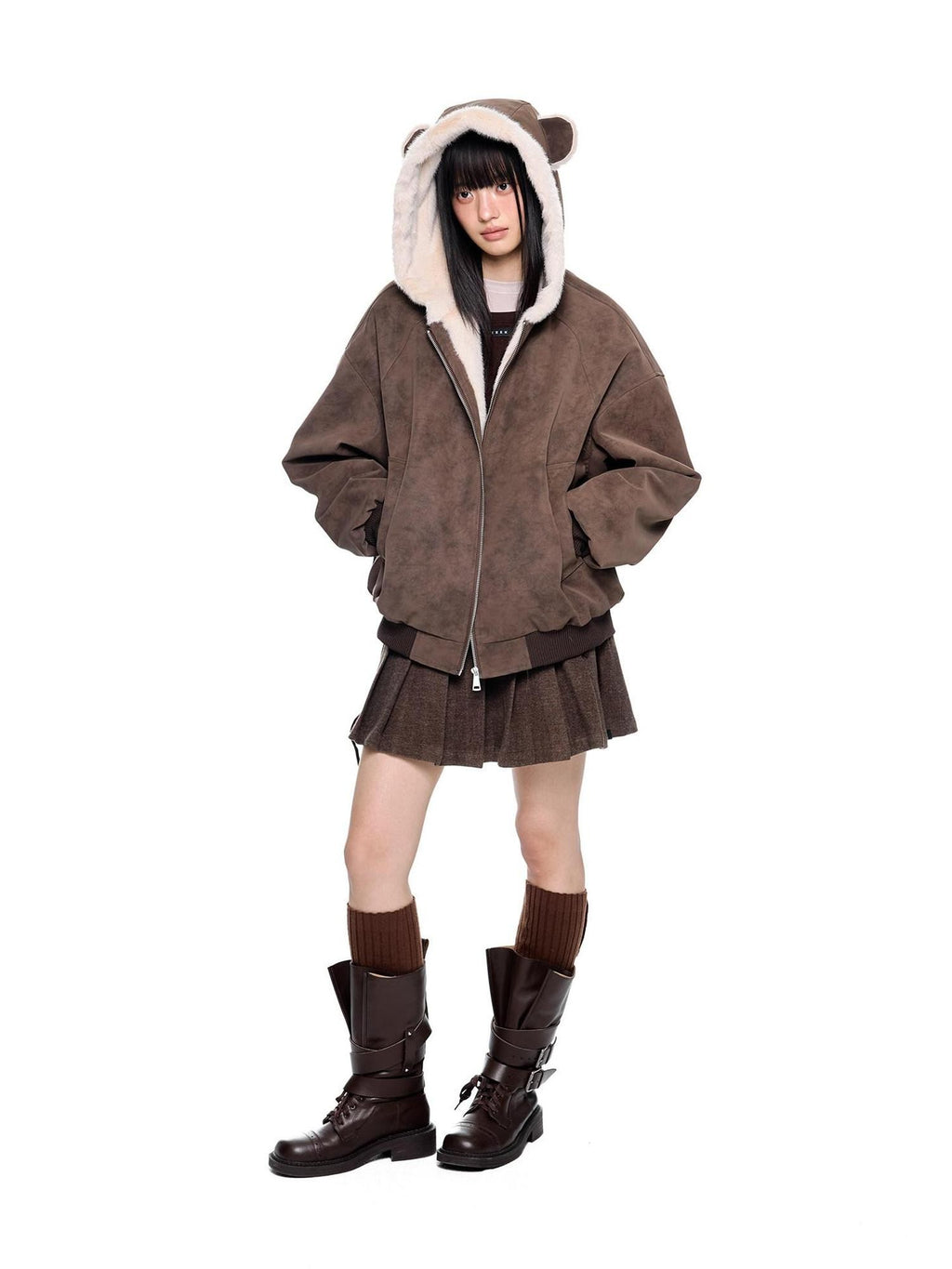 EZEK Small Ear Hooded Zipper Furry Thickened Women's Faux Suede Puffer Jackets