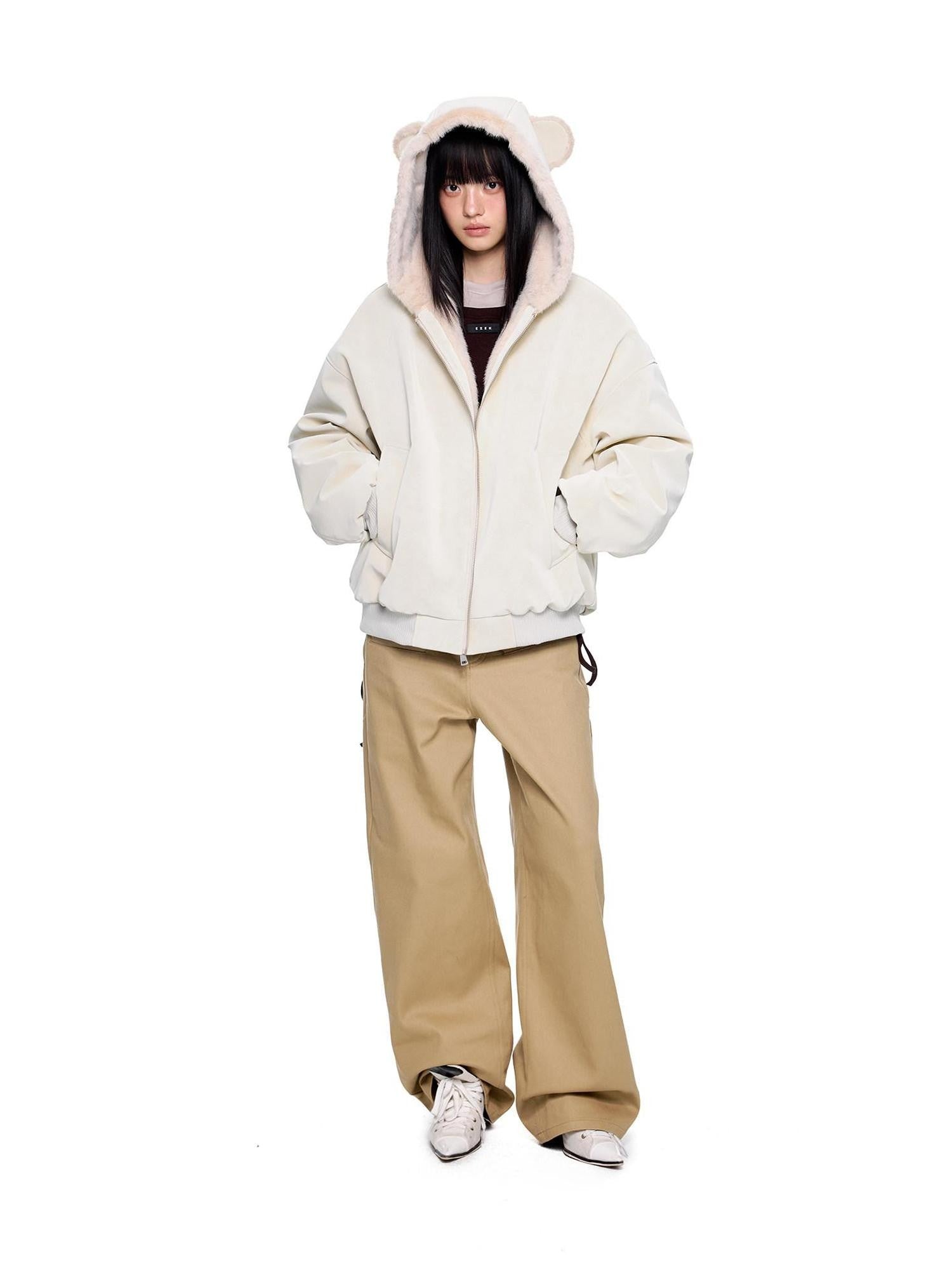 EZEK Small Ear Hooded Zipper Furry Thickened Women's Faux Suede Puffer Jackets