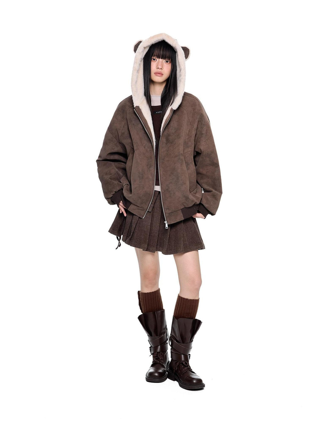 EZEK Small Ear Hooded Zipper Furry Thickened Women's Faux Suede Puffer Jackets