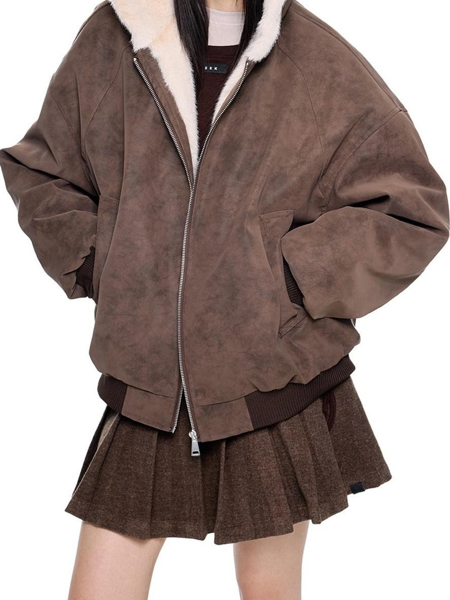EZEK Small Ear Hooded Zipper Furry Thickened Women's Faux Suede Puffer Jackets