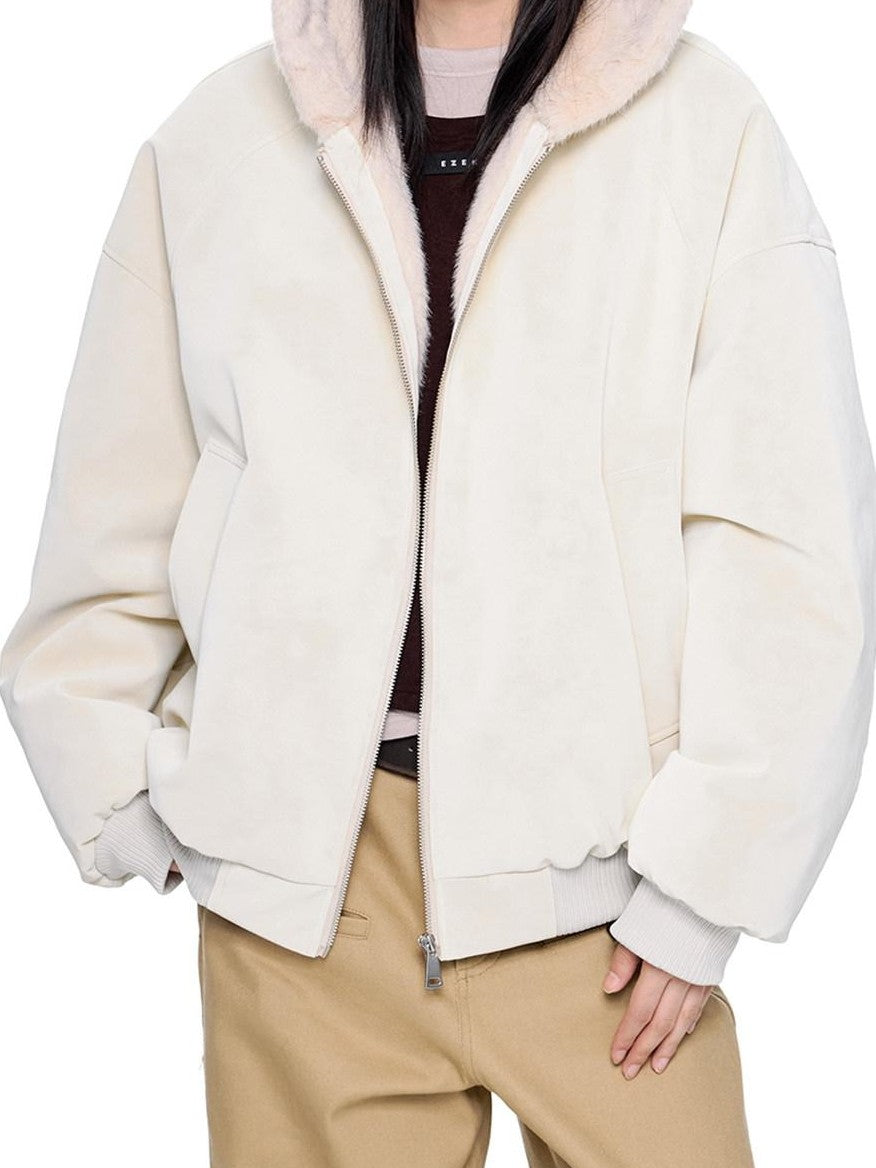 EZEK Small Ear Hooded Zipper Furry Thickened Women's Faux Suede Puffer Jackets
