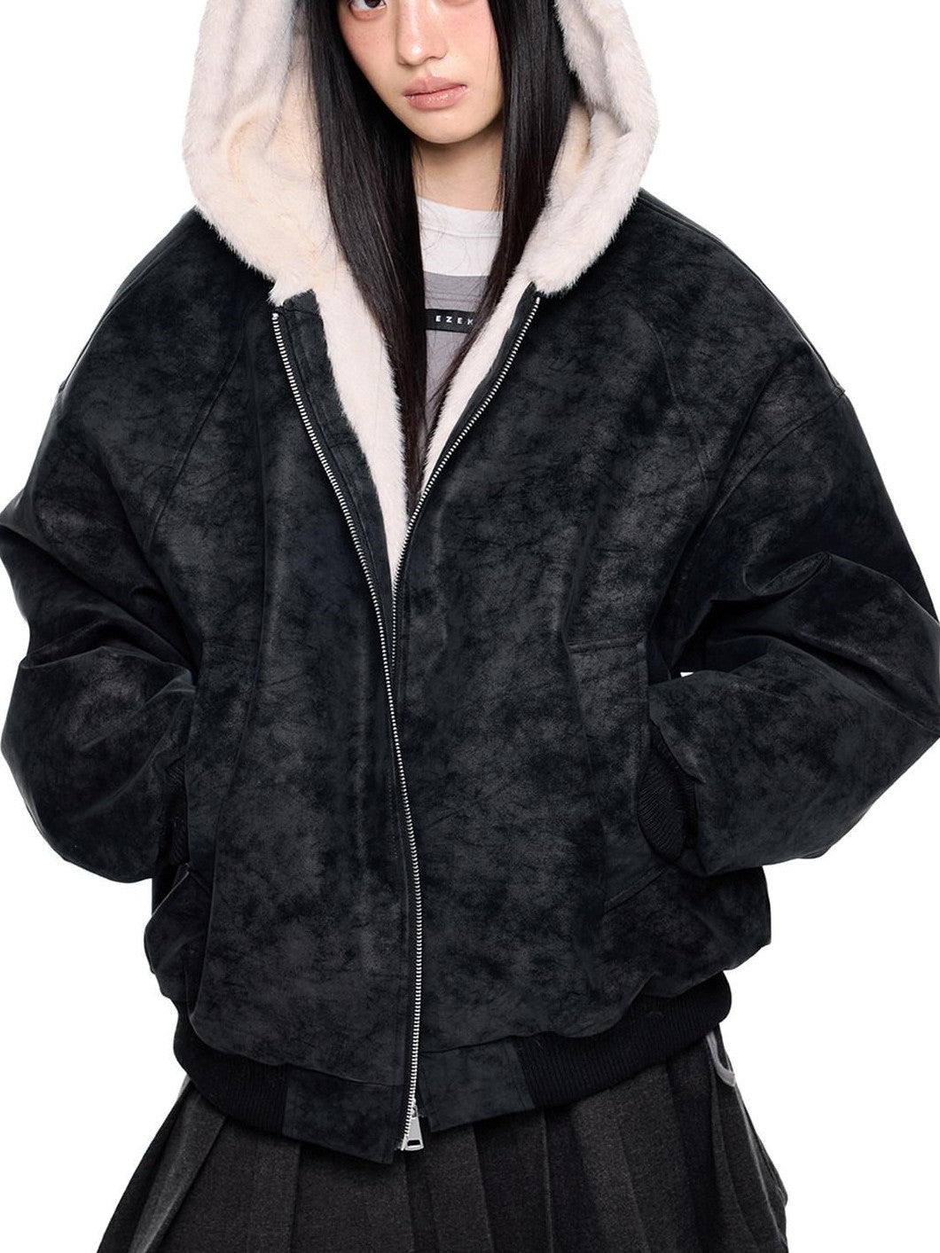 EZEK Small Ear Hooded Zipper Furry Thickened Women's Faux Suede Puffer Jackets