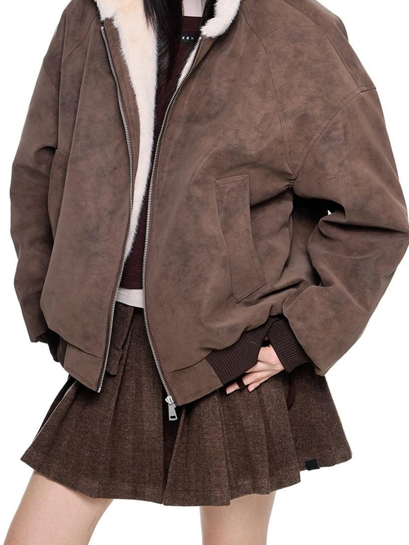 EZEK Small Ear Hooded Zipper Furry Thickened Women's Faux Suede Puffer Jackets