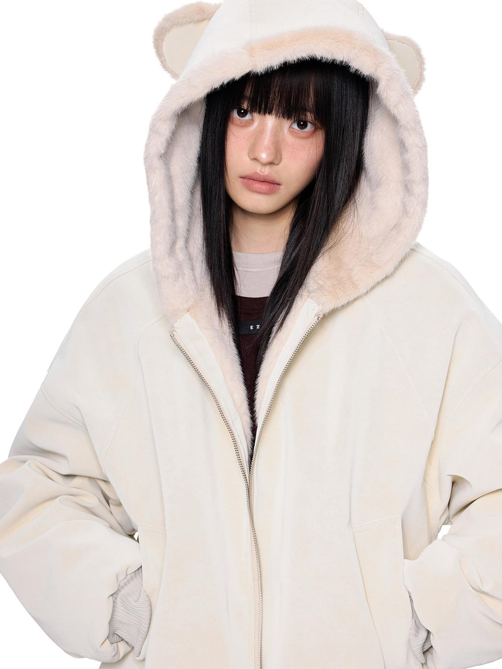 EZEK Small Ear Hooded Zipper Furry Thickened Women's Faux Suede Puffer Jackets