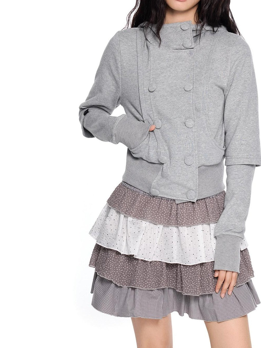 EZEK Spliced Double Breasted Fake Two Women's Cotton Blend Zip-up Hoodies