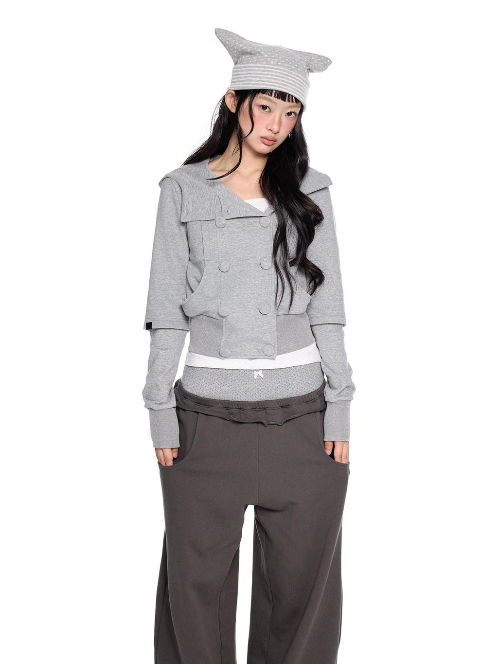 EZEK Spliced Double Breasted Fake Two Women's Cotton Blend Zip-up Hoodies
