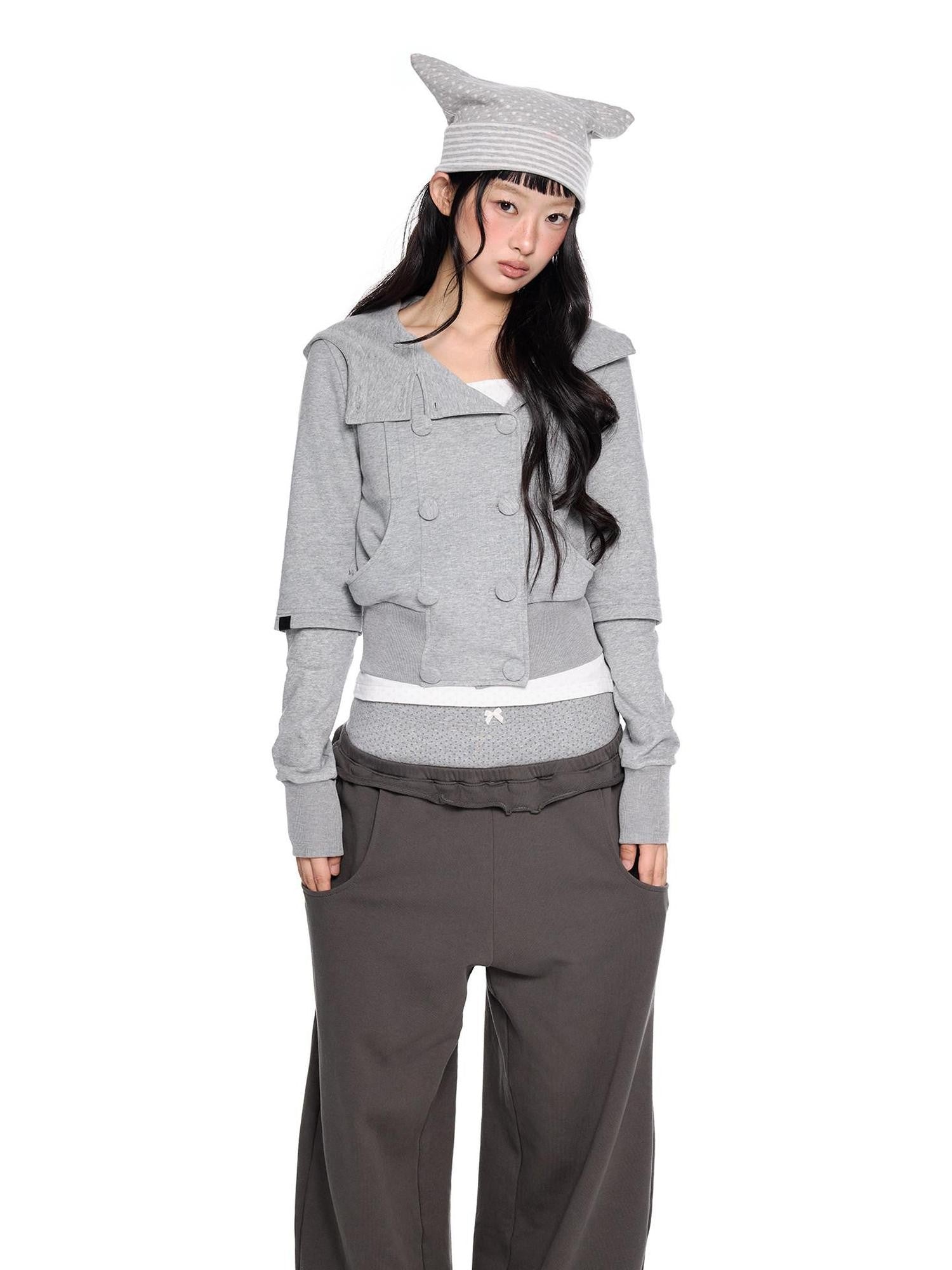 EZEK Spliced Double Breasted Fake Two Women's Cotton Blend Zip-up Hoodies