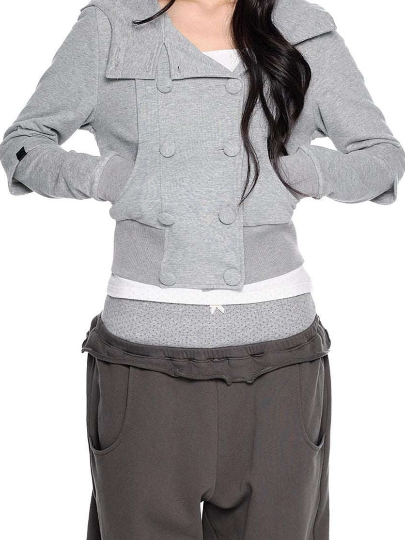 EZEK Spliced Double Breasted Fake Two Women's Cotton Blend Zip-up Hoodies