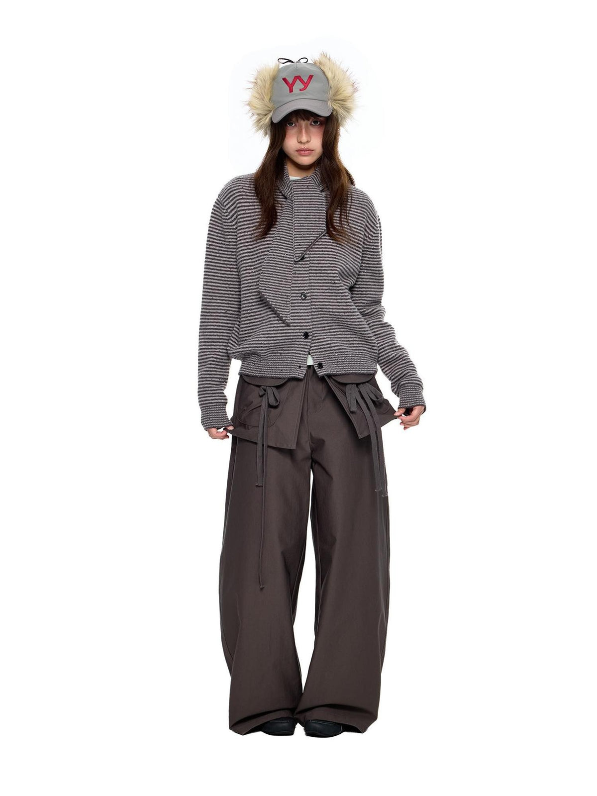 EZEK Spliced Drawstring Pocket Casual Women's Polyester Wide-leg Pants