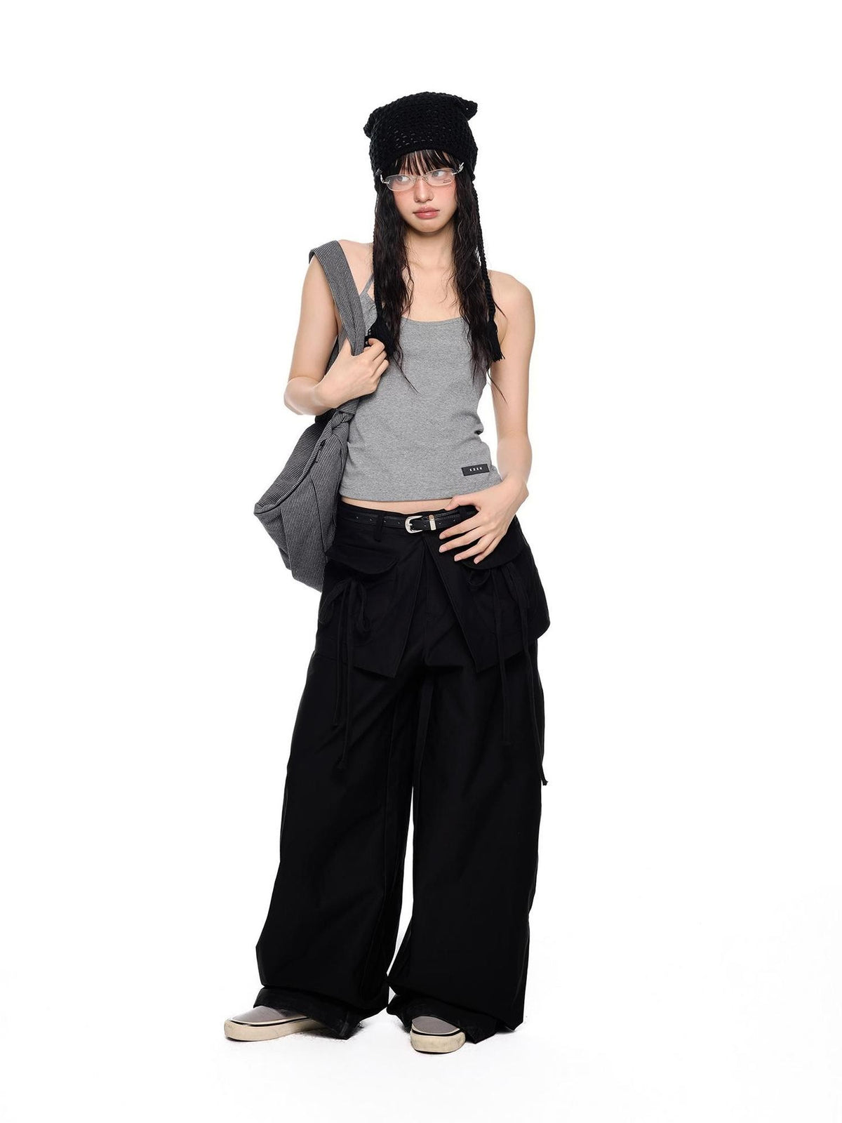 EZEK Spliced Drawstring Pocket Casual Women's Polyester Wide-leg Pants