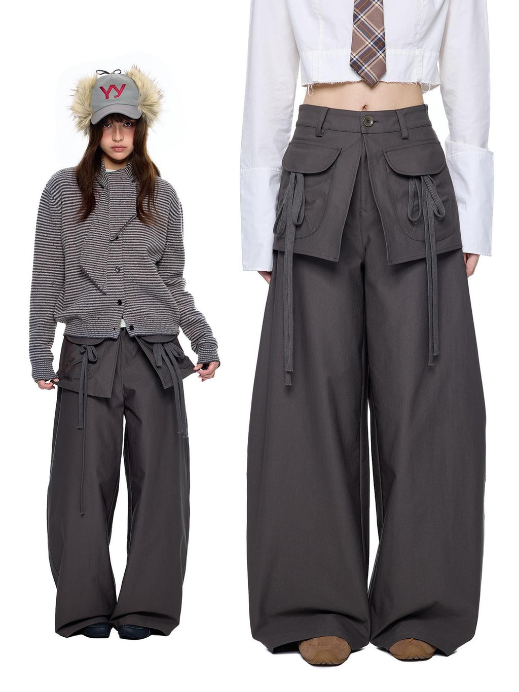 EZEK Spliced Drawstring Pocket Relaxed Fit Women's Polyester Wide-leg Pants