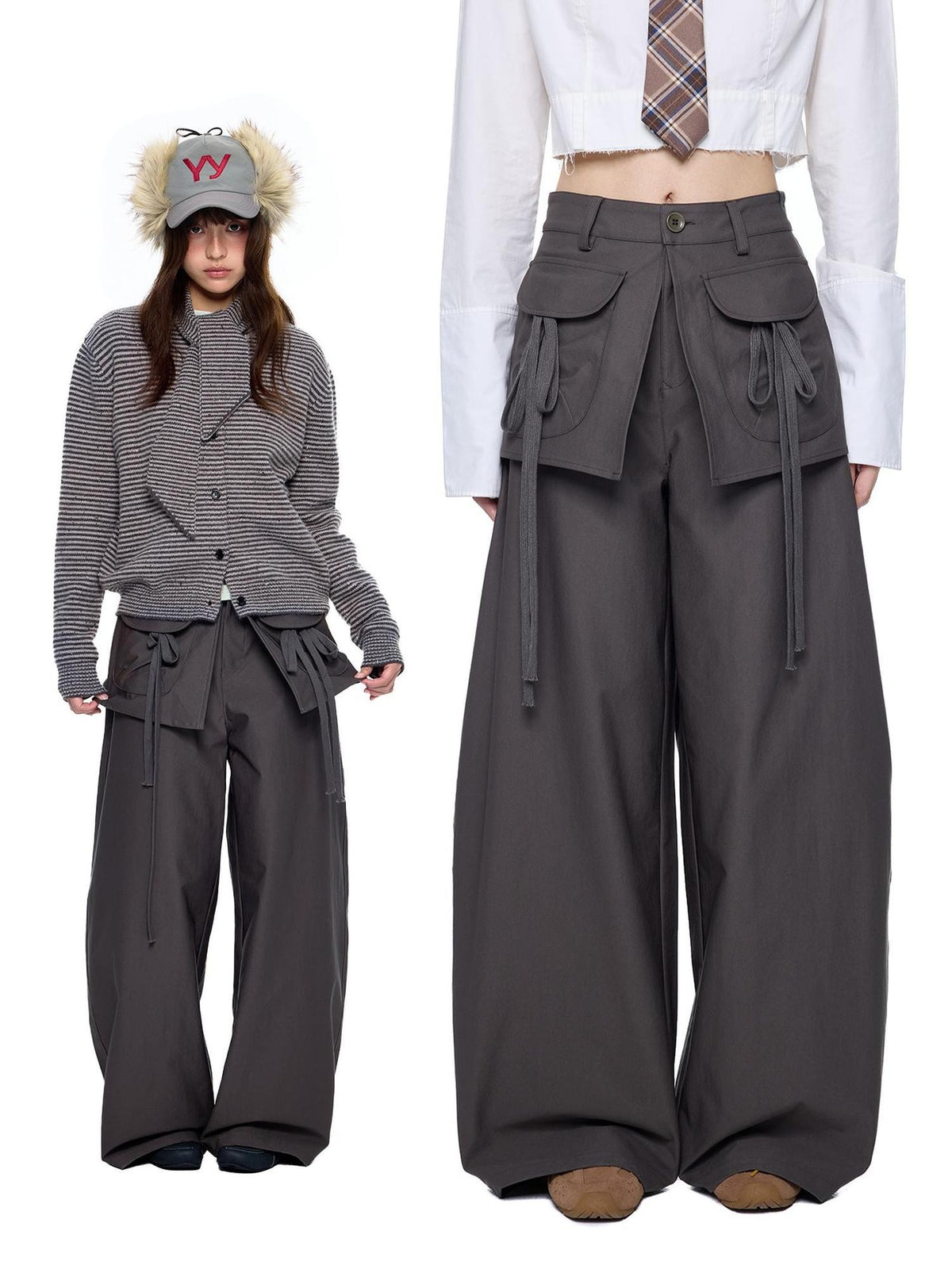 EZEK Spliced Drawstring Pocket Relaxed Fit Women's Polyester Wide-leg Pants