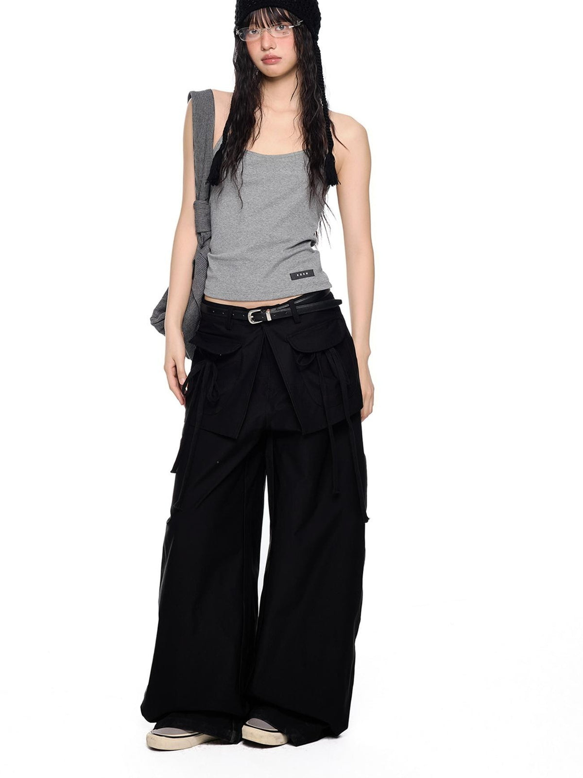 EZEK Spliced Drawstring Pocket Relaxed Fit Women's Polyester Wide-leg Pants