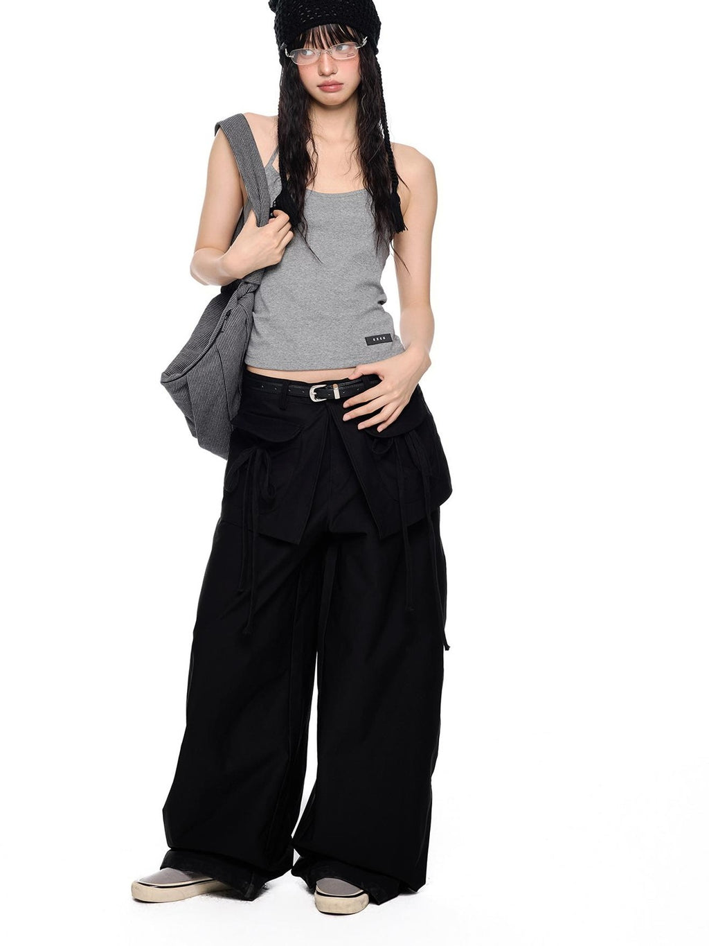 EZEK Spliced Drawstring Pocket Relaxed Fit Women's Polyester Wide-leg Pants