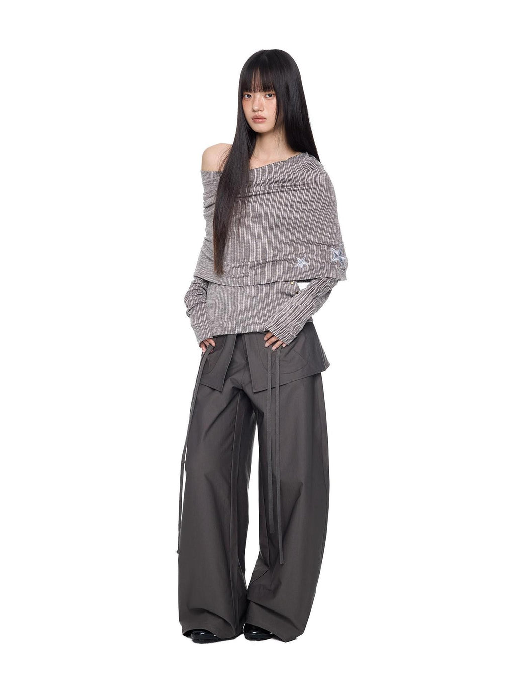 EZEK Spliced Drawstring Pocket Relaxed Fit Women's Polyester Wide-leg Pants