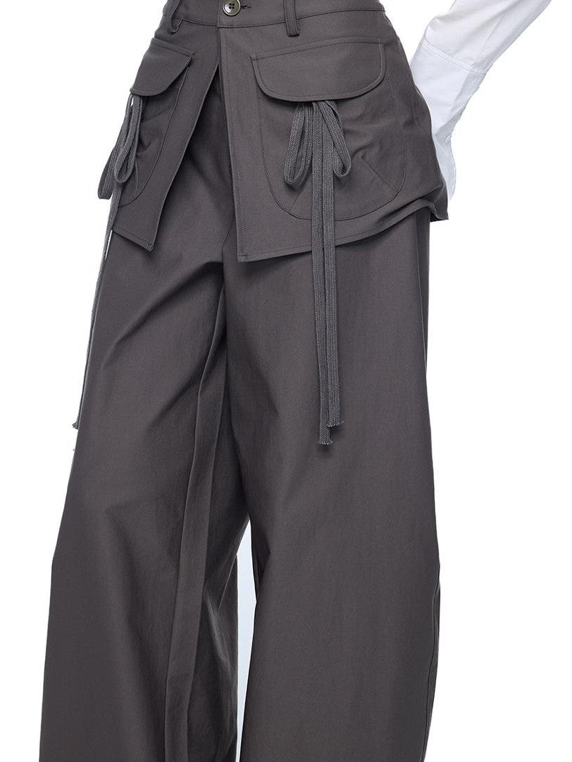 EZEK Spliced Drawstring Pocket Relaxed Fit Women's Polyester Wide-leg Pants