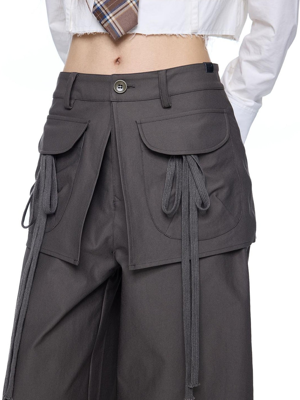 EZEK Spliced Drawstring Pocket Relaxed Fit Women's Polyester Wide-leg Pants