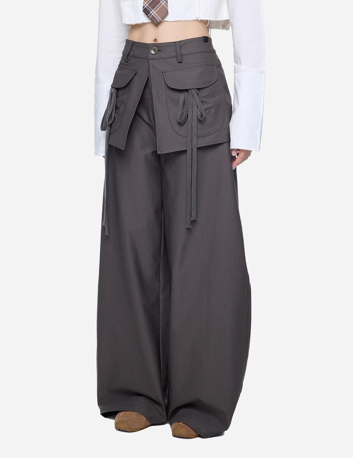 EZEK Spliced Drawstring Pocket Relaxed Fit Women's Polyester Wide-leg Pants