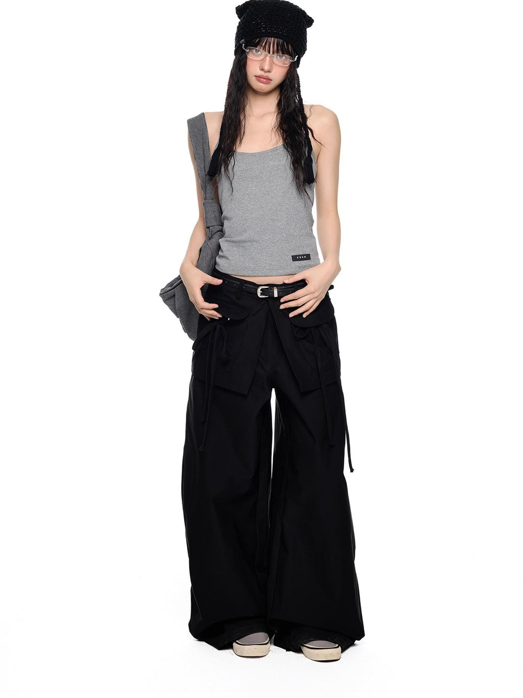 EZEK Spliced Drawstring Pocket Relaxed Fit Women's Polyester Wide-leg Pants