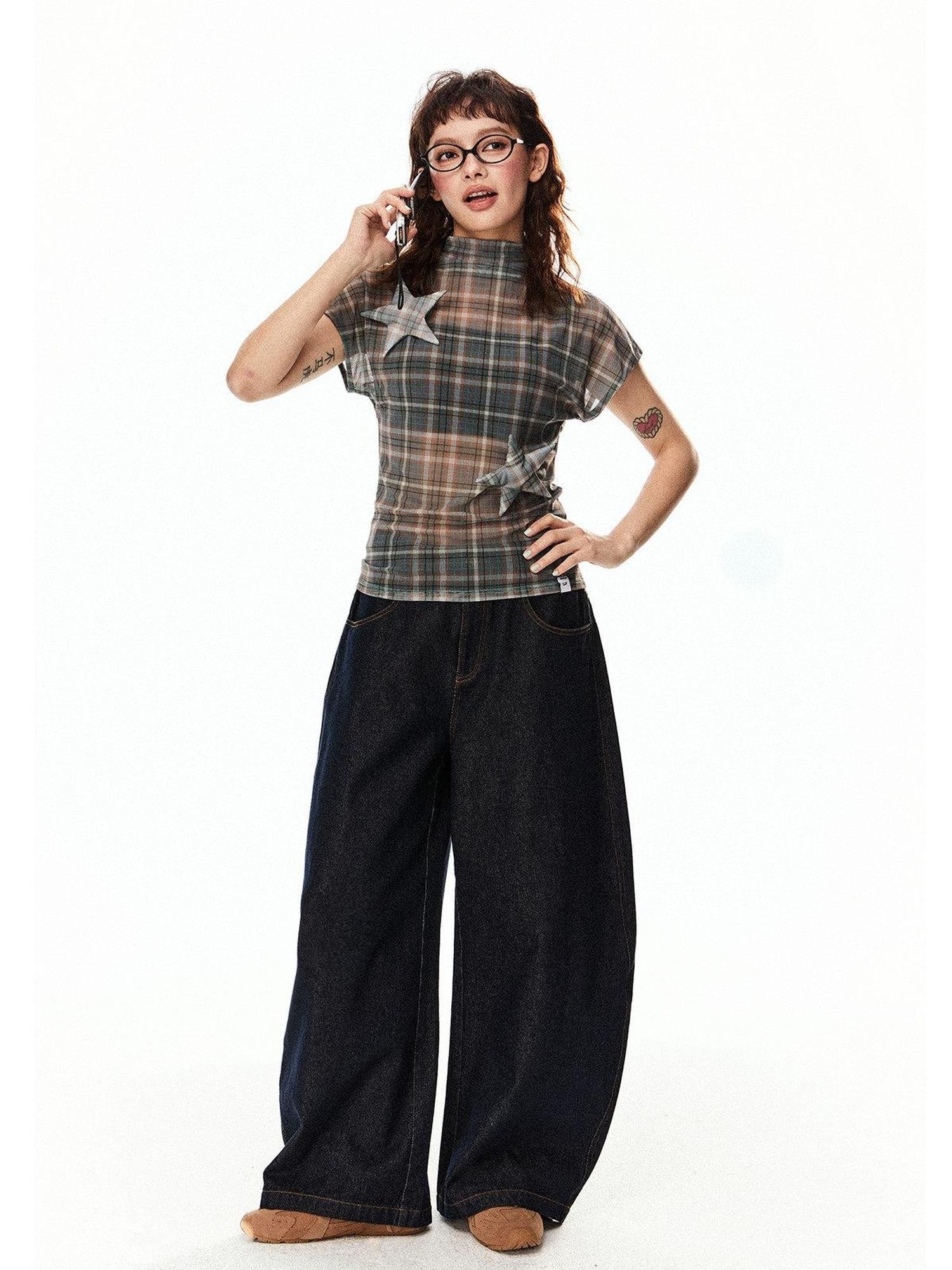EZEK Star Applique Plaid Women's Breathable Mesh Slim Crop Short Sleeve T-shirts