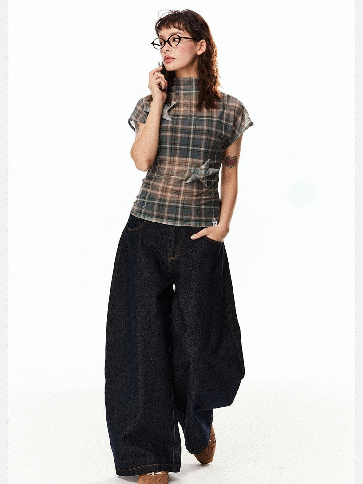 EZEK Star Applique Plaid Women's Breathable Mesh Slim Crop Short Sleeve T-shirts
