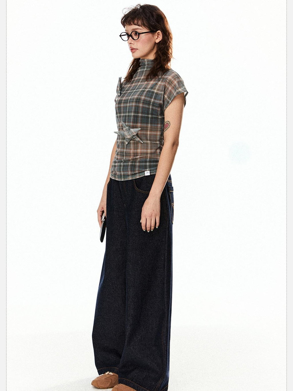 EZEK Star Applique Plaid Women's Breathable Mesh Slim Crop Short Sleeve T-shirts